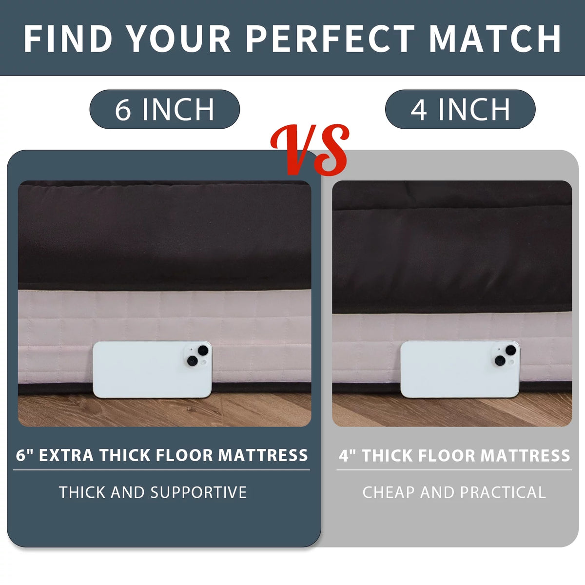 6" Extra Thick Foldable Floor Mattress, Black, Twin G24539