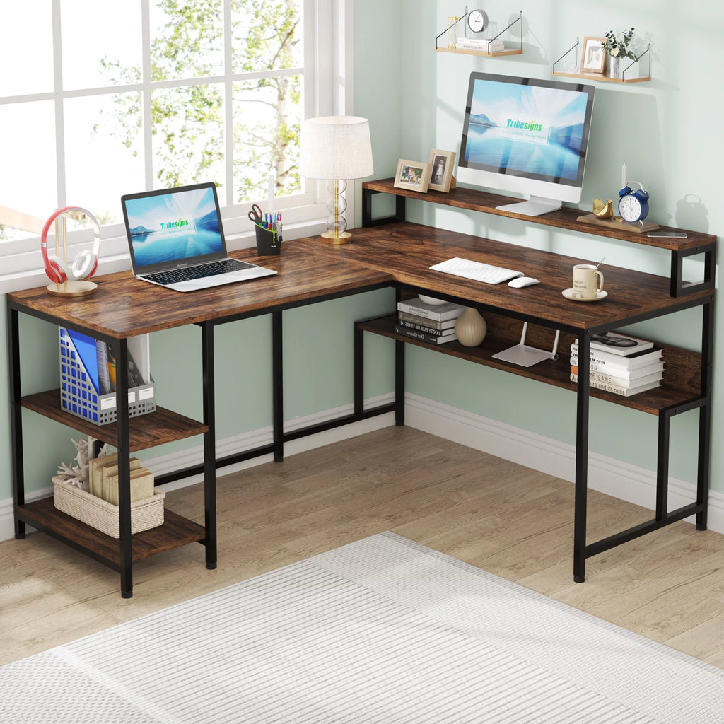 59 Inch Reversible L Shaped Corner Computer Desk with Storage Shelves L700120